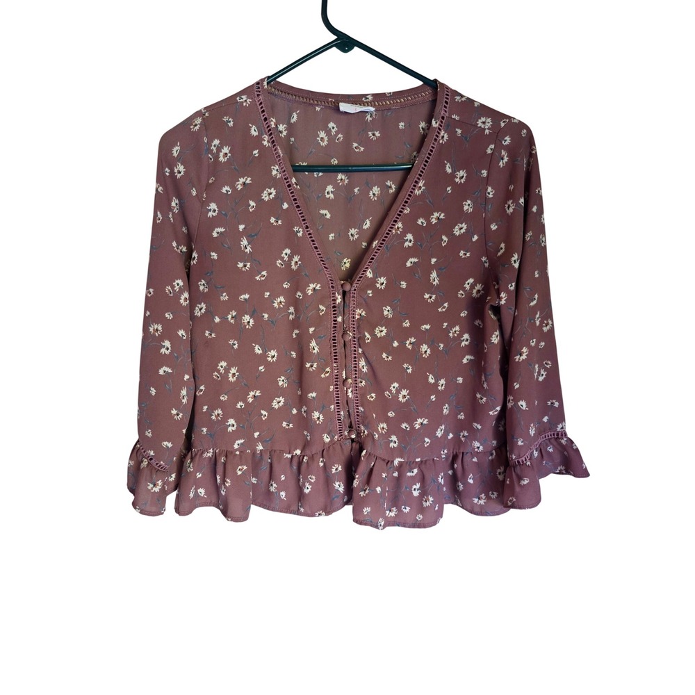 Sienna Sky Mauve Floral Button Front V-Neck Ruffle Hem Blouse S Daisy Coquette‎